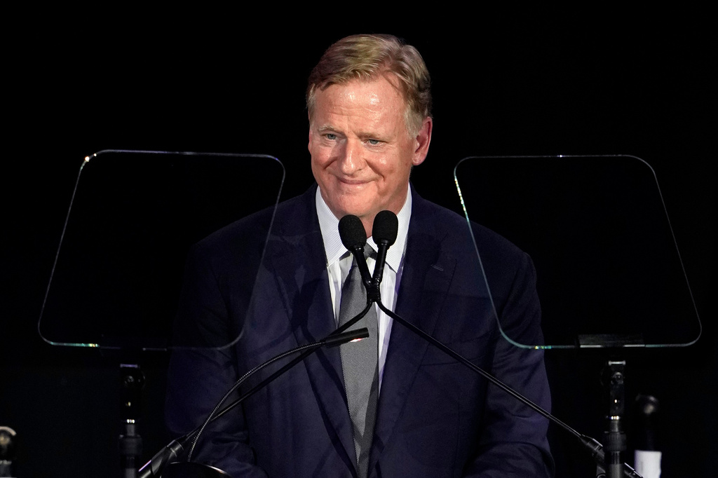 National Football League commissioner Roger Goodell speaks during the Pro Football Hall of Fame gold jacket dinner in Canton, Ohio, Friday, Aug. 7, 2026. (AP Photo/Sue Ogrocki)