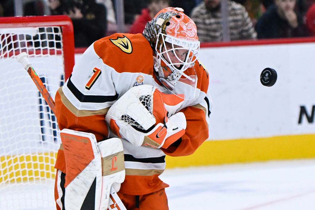 Anaheim Ducks goalie Lukas Dostal makes a save during the first period of an NHL hockey game against the Chicago Blackhawks, Sunday, Oct. 19, 2025, in Chicago. (AP Photo/Paul Beaty)