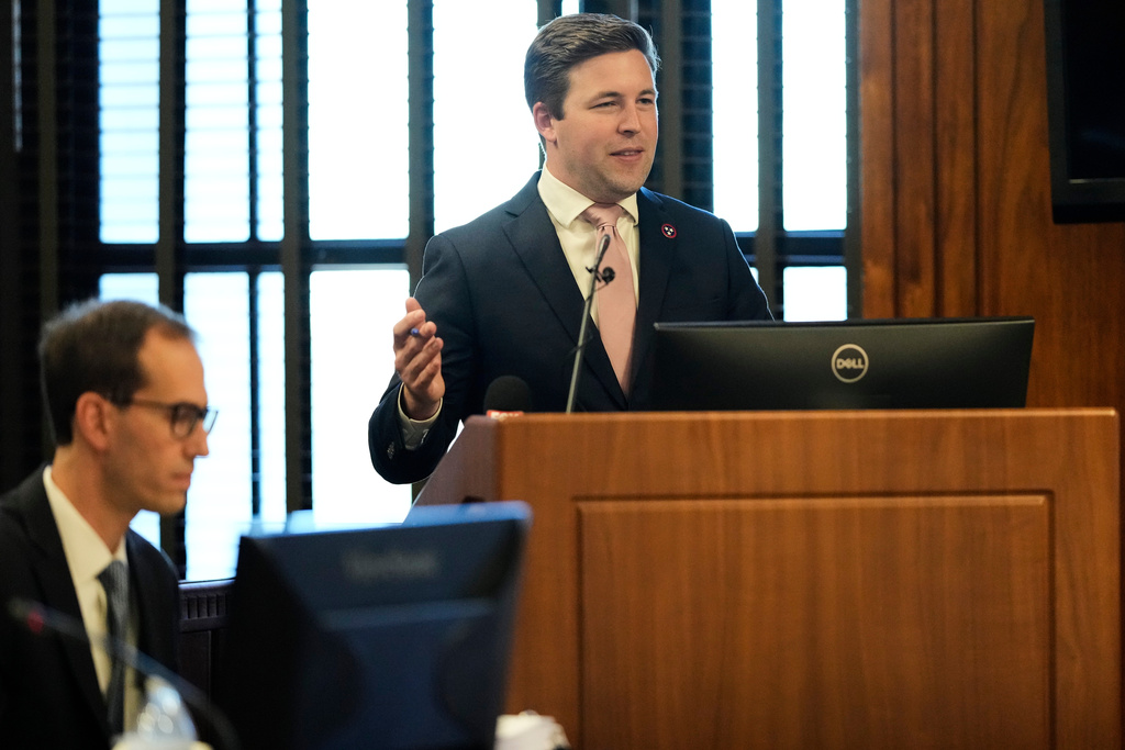 Deputy Attorney General Cody Brandon argues on behalf of the state during an injunction hearing Monday, Nov. 3, 2025, in Nashville, Tenn., challenging the deployment of the National Guard in Memphis. (AP Photo/George Walker IV, Pool)