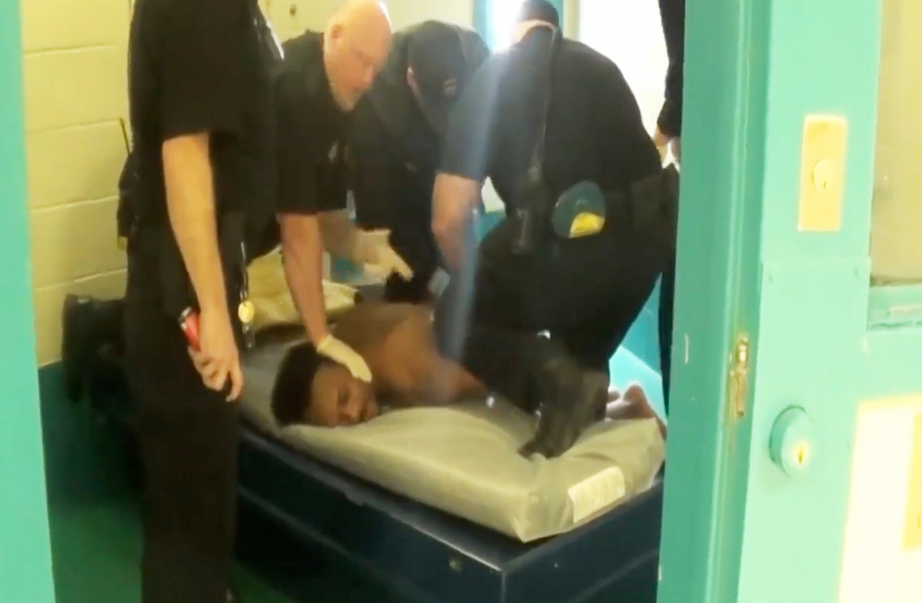 This image made from video taken on March 25, 2018 and provided by Connecticut Department of Correction, shows prison inmate J’Allen Jones prior to his death after being subdued by correctional officers. (Connecticut Department of Correction via AP)