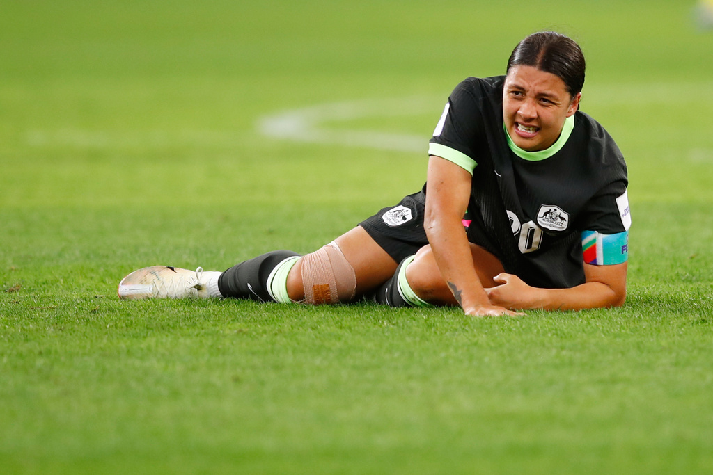 Australia's Sam Kerr reacts during the Women's Asian Cup semifinal soccer match between China and Australia in Perth, Australia, Tuesday, March 17, 2026. (AP Photo/Gary Day)