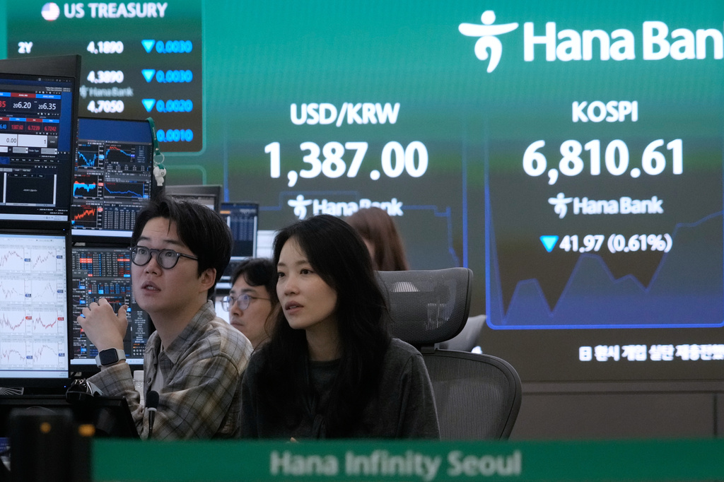 Currency traders watch monitors near a screen showing the Korea Composite Stock Price Index (KOSPI) and the foreign exchange rate between U.S. dollar and South Korean won at the foreign exchange dealing room of the Hana Bank headquarters in Seoul, South Korea, Friday, Aug. 21, 2026. (AP Photo/Ahn Young-joon)