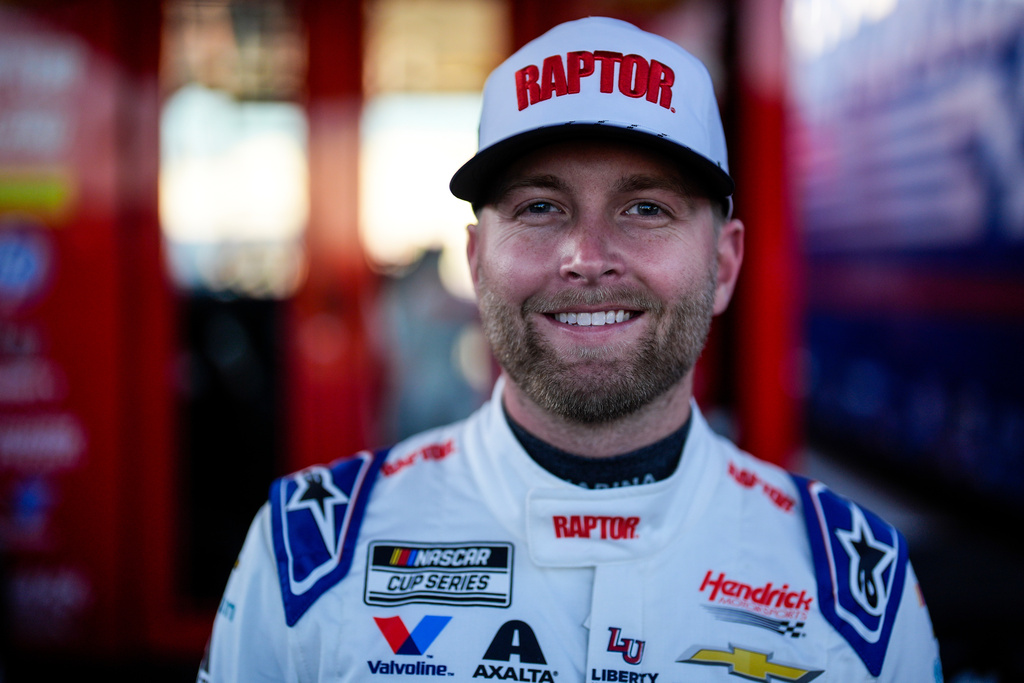 William Byron poses for a photo during practice at the NASCAR Daytona 500 auto races at Daytona International Speedway, Friday, Feb. 13, 2026, in Daytona Beach, Fla. (AP Photo/Mike Stewart)