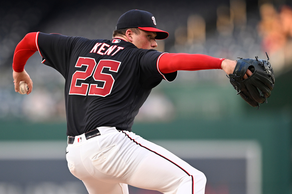 Washington Nationals starting pitcher Jackson Kent throws during the first inning of a baseball game against the Miami Marlins, Friday, Aug. 28, 2026, in Washington. (AP Photo/John McDonnell)
