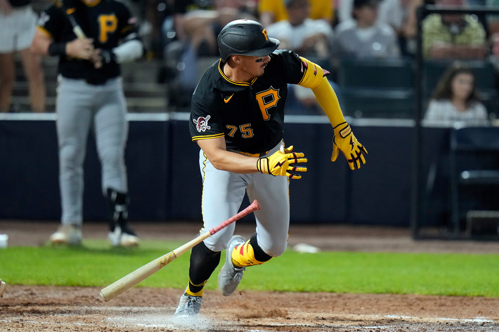 Pittsburgh Pirates' Konnor Griffin drops his bat after hitting a two-run double off New York Yankees pitcher Jake Bird during the fifth inning of a spring training baseball game Monday, March 9, 2026, in Tampa, Fla. (AP Photo/Chris O'Meara)
