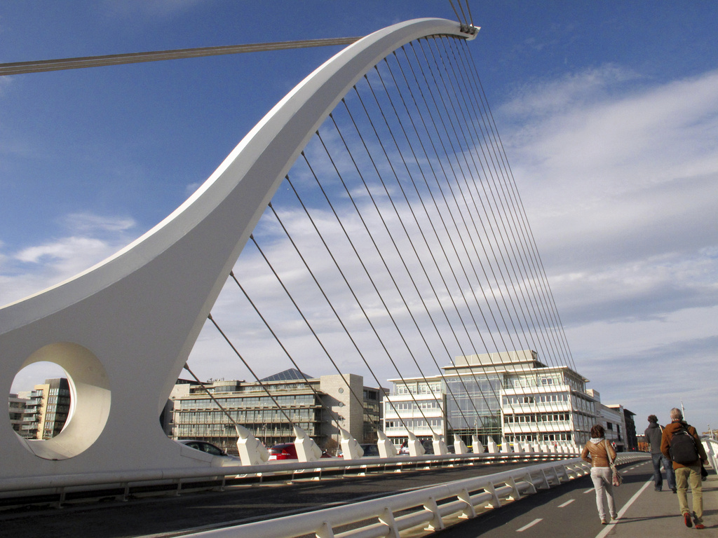 FILE - A view of the Samuel Beckett bridge across the River Liffey in Dublin, Ireland, March 14, 2014. (AP Photo/Helen O'Neill, File)