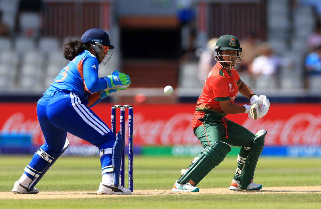 Bangladesh's Sobhana Mostary, right, batting during the ICC Women's T20 World Cup cricket match between India and Bangladesh in Manchester, England Thursday, June 25, 2026. (Nigel French/PA via AP)