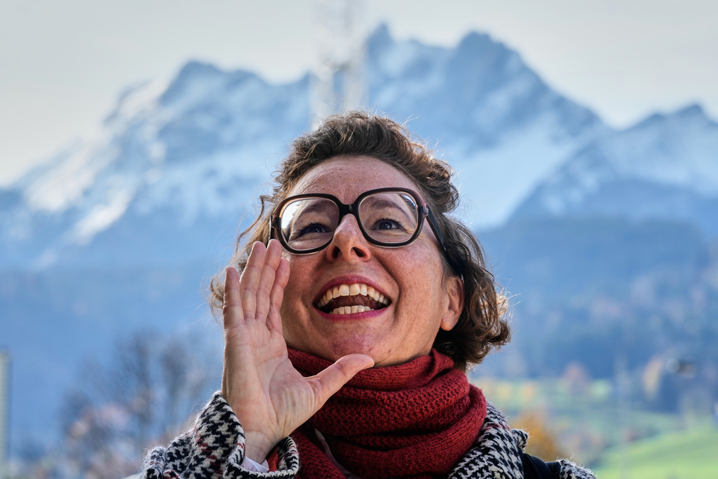 FILE - Yodel teacher Nadja Raess yodels in Lucerne, Switzerland, Oct. 29, 2025. (AP Photo/Michael Probst, File)