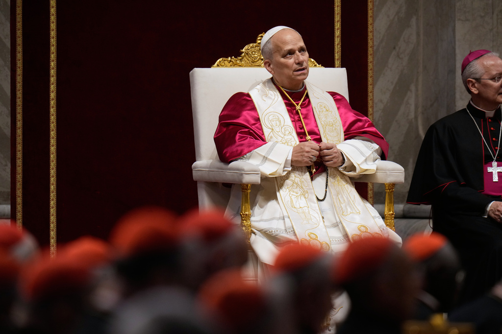 Pope Leo XIV leads a vigil for peace inside St. Peter's Basilica at the Vatican, Saturday, April 11, 2026. (AP Photo/Gregorio Borgia)