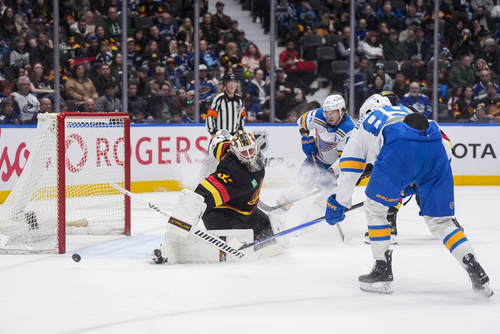 St. Louis Blues' Pavel Buchnevich (89) puts a shot wide of the net behind Vancouver Canucks goalie Kevin Lankinen (32) during the second period of an NHL hockey game against the Vancouver Canucks in Vancouver, Saturday, March 21, 2026. (Darryl Dyck/The Canadian Press via AP)