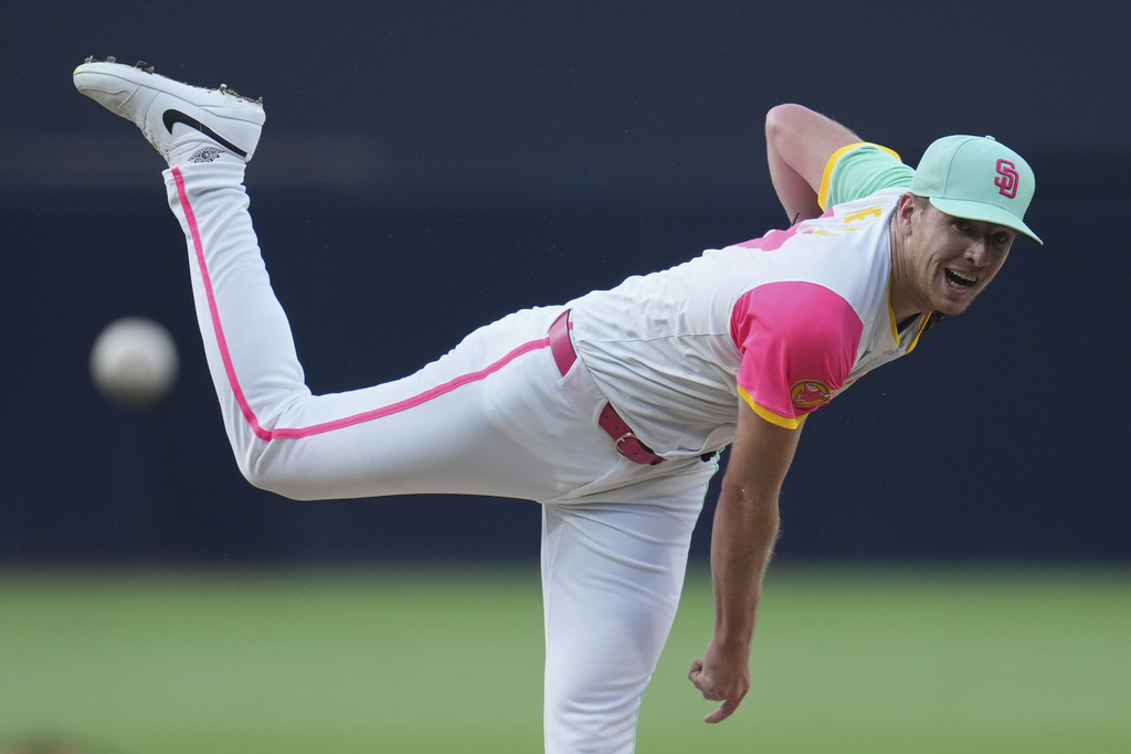 San Diego Padres starting pitcher Nick Pivetta works against a Boston Red Sox batter during the first inning of a baseball game Friday, Aug. 8, 2025, in San Diego. (AP Photo/Gregory Bull)