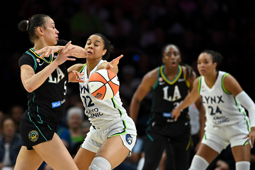 Minnesota Lynx forward Nia Coffey (12) knocks the ball from the possession of Los Angeles Sparks forward Dearica Hamby (5) in the first half of a WNBA basketball game Thursday, Aug. 6, 2026, in Minneapolis. (Aaron Lavinsky/Minnesota Star Tribune via AP)