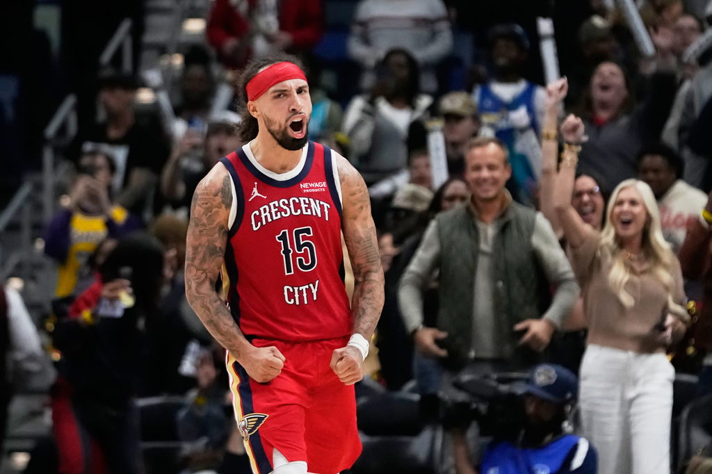 New Orleans Pelicans guard Jose Alvarado (15) reacts in the final seconds of the second half of an NBA basketball game against the Charlotte Hornets, Tuesday, Nov. 4, 2025, in New Orleans. (AP Photo/Gerald Herbert)