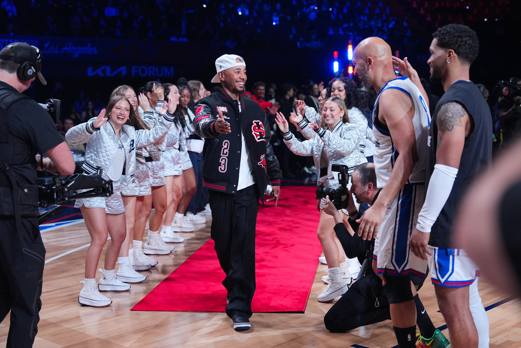 Los Angeles Dodgers' Mookie Betts is introduced before an NBA basketball's All-Star Celebrity Game Friday, Feb. 13, 2026, in Inglewood, Calif. (AP Photo/Jae C. Hong)