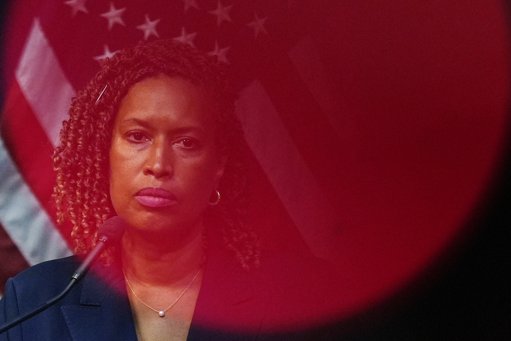D.C. Mayor Muriel Bowser listens during a news conference on President Donald Trump's plan to place the city's police under federal control and deploy National Guard troops, in Washington, Aug. 11, 2025. (AP Photo/Julia Demaree Nikhinson)