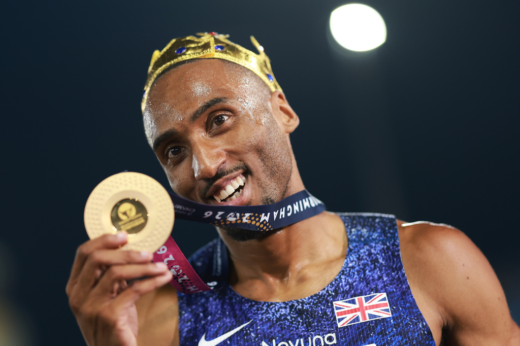 Britain's Matthew Hudson-Smith reacts after winning the men's 400 meters final at the European Athletics Championships in Birmingham, England, Wednesday, Aug. 12, 2026. (AP Photo/Morgan Harlow)