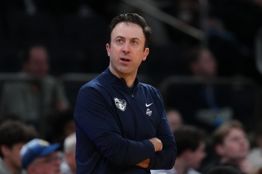 FILE - Xavier head coach Richard Pitino looks on during the first half of an NCAA college basketball game, March 11, 2026, in New York. (AP Photo/Frank Franklin II, File)