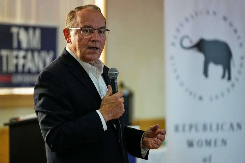 FILE - Republican gubernatorial candidate Tom Tiffany talks to supporters during a campaign event, July 29, 2026, in Kenosha, WI. (AP Photo/Nam Y. Huh, File)