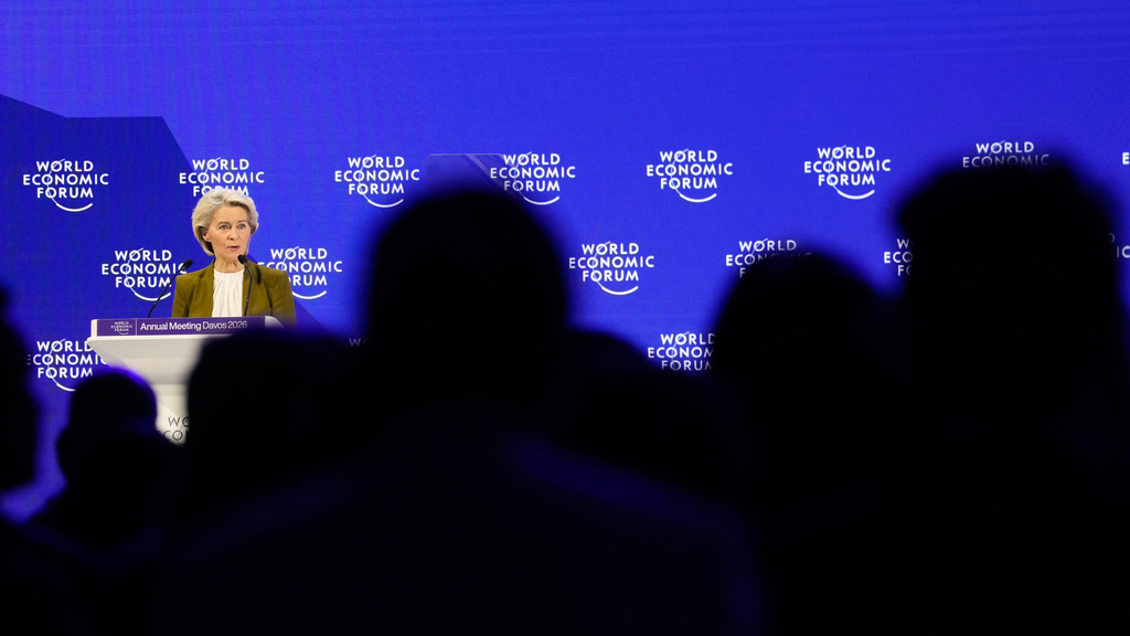 President of the European Commission Ursula von der Leyen talks during the Annual Meeting of the World Economic Forum in Davos, Switzerland, Tuesday, Jan. 20, 2026. (AP Photo/Markus Schreiber)