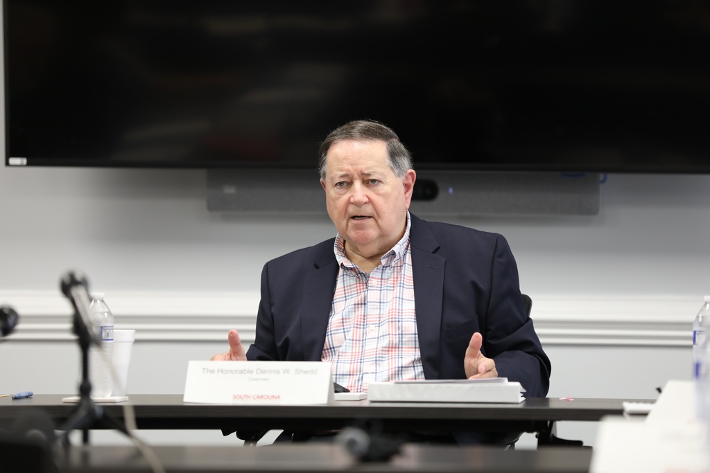 South Carolina Election Commission Chairman Dennis Shedd speaks at the commission's meeting on Wednesday, Oct. 15, 2025, in Columbia, S.C. (AP Photo/Jeffrey Collins)