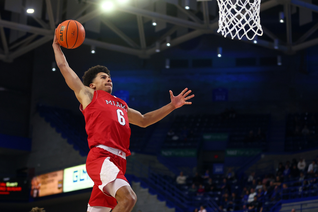 Miami (OH) guard Justin Kirby goes up for a basket during the second half of an NCAA college basketball game against Buffalo, Tuesday, Feb. 3, 2026, in Buffalo, N.Y. (AP Photo/Jeffrey T. Barnes)