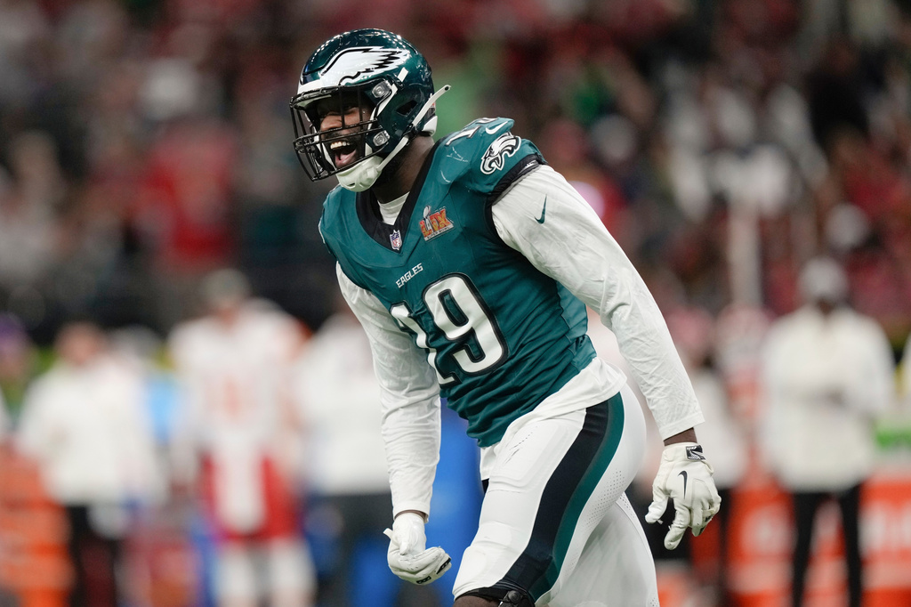 FILE - Philadelphia Eagles linebacker Josh Sweat reacts after sacking Kansas City Chiefs quarterback Patrick Mahomes during the first half of the NFL Super Bowl 59 football game, Feb. 9, 2025, in New Orleans. (AP Photo/Matt Slocum, File)