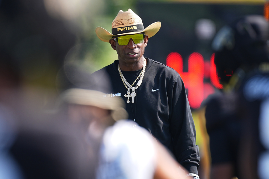 Colorado head coach Deion Sanders looks on during a practice at an NCAA college football training camp in Fountain, Colo., Thursday, Aug. 6, 2026. (AP Photo/David Zalubowski)