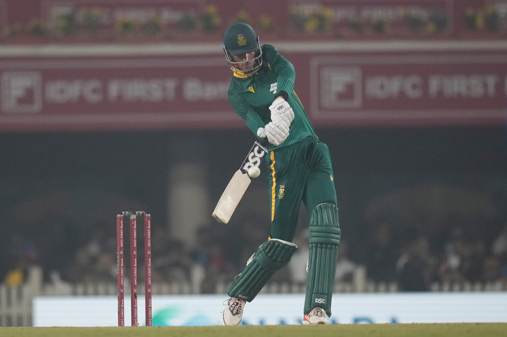 South Africa's Marco Jansen plays a shot during the first One Day International match between India and South Africa in Ranchi, India, Sunday, Nov. 30, 2025. (AP Photo/Rafiq Maqbool)