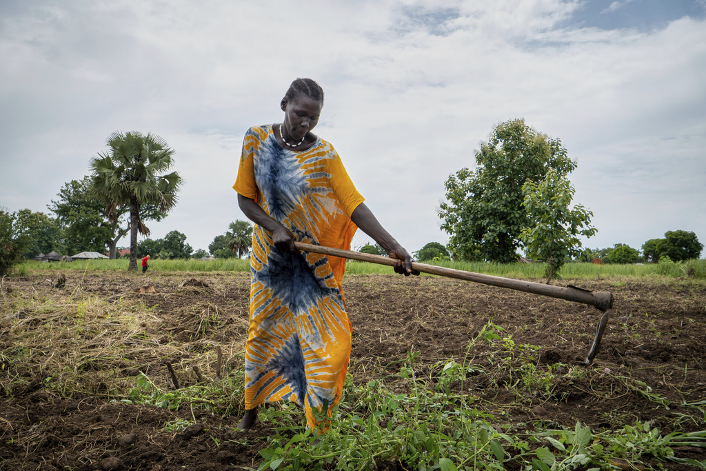 Joy Falatiya, a 35-year-old mother of five and a client of a specialized mental health clinic led by Amref Health Africa, digs soil with a hoe at a farm in Mundri, South Sudan, June 24, 2025. (AP Photo/Florence Miettaux)