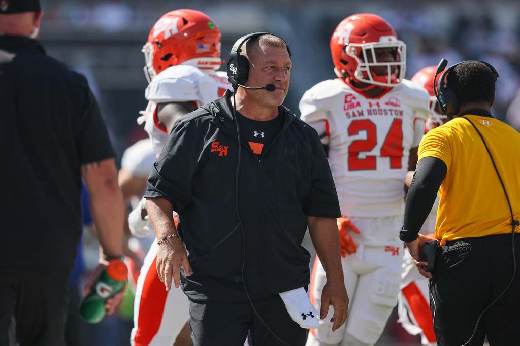 FILE - Sam Houston State head coach Phil Longo looks at the field during the first half of an NCAA college football game, Sept. 26, 2026, in Lubbock, Texas. (AP Photo/Chase Seabolt, File)