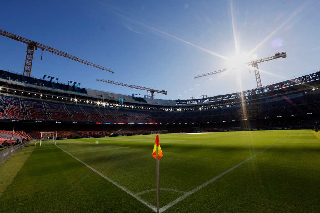 A general view of the Camp Nou stadium in Barcelona, Spain, Friday, Nov. 7, 2025, ahead of the team's first training session at the venue after its renovation. (AP Photo/Joan Monfort)