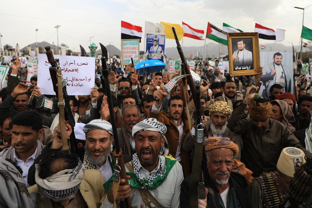 Houthi supporters chant slogans during a rally against the Saudi-led coalition in Sanaa, Yemen, Friday, July 31, 2026. (AP Photo/Osamah Abdulrahman)