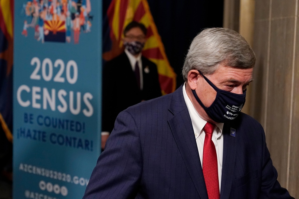 FILE - U.S. Census Director Steven Dillingham departs a census news conference to urge Arizonans to participate in the nation's once-a-decade population count Thursday, Sept. 17, 2020, in Phoenix. (AP Photo/Ross D. Franklin, Pool, File)