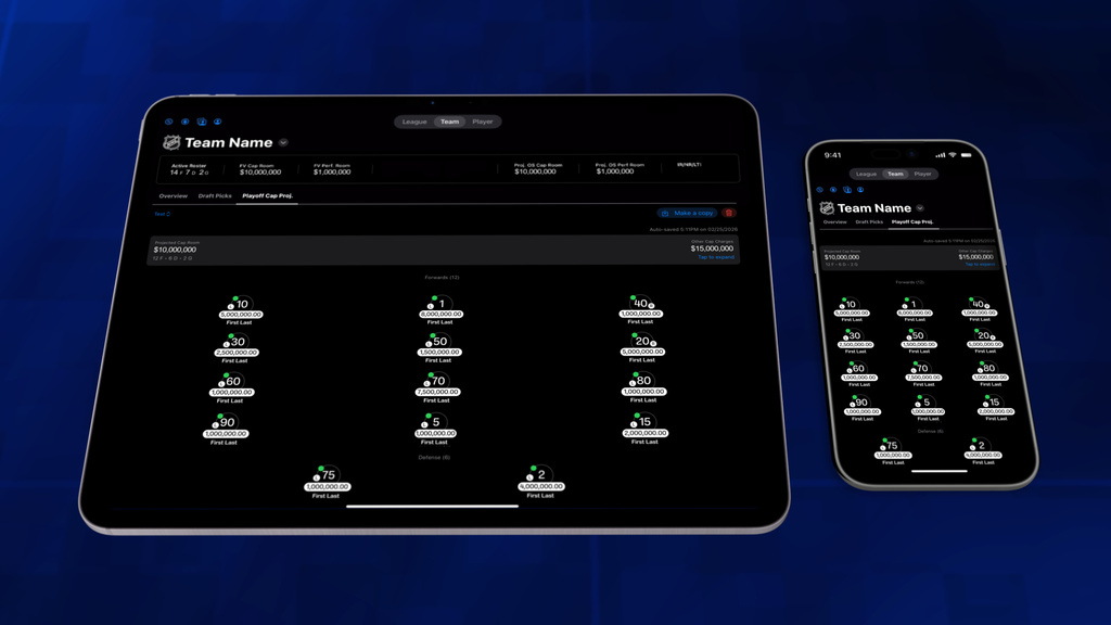 This image provided by the NHL shows a playoff cap calculator that was added to the SAP-NHL Front Office App that general managers and other executives use. (NHL via AP)
