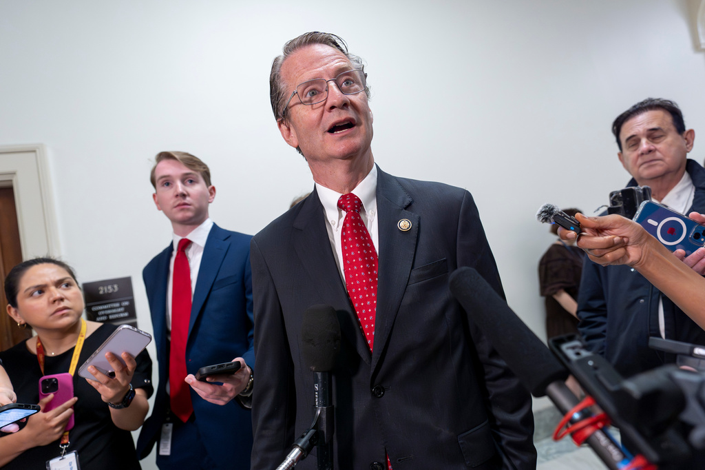 Rep. Tim Burchett, R-Tenn., a member of the House Oversight and Government Reform Committee, speaks to reporters outside the closed hearing room where Bill Gates is answering questions about convicted sex offender Jeffrey Epstein, in Washington, Wednesday, June 10, 2026. (AP Photo/J. Scott Applewhite)