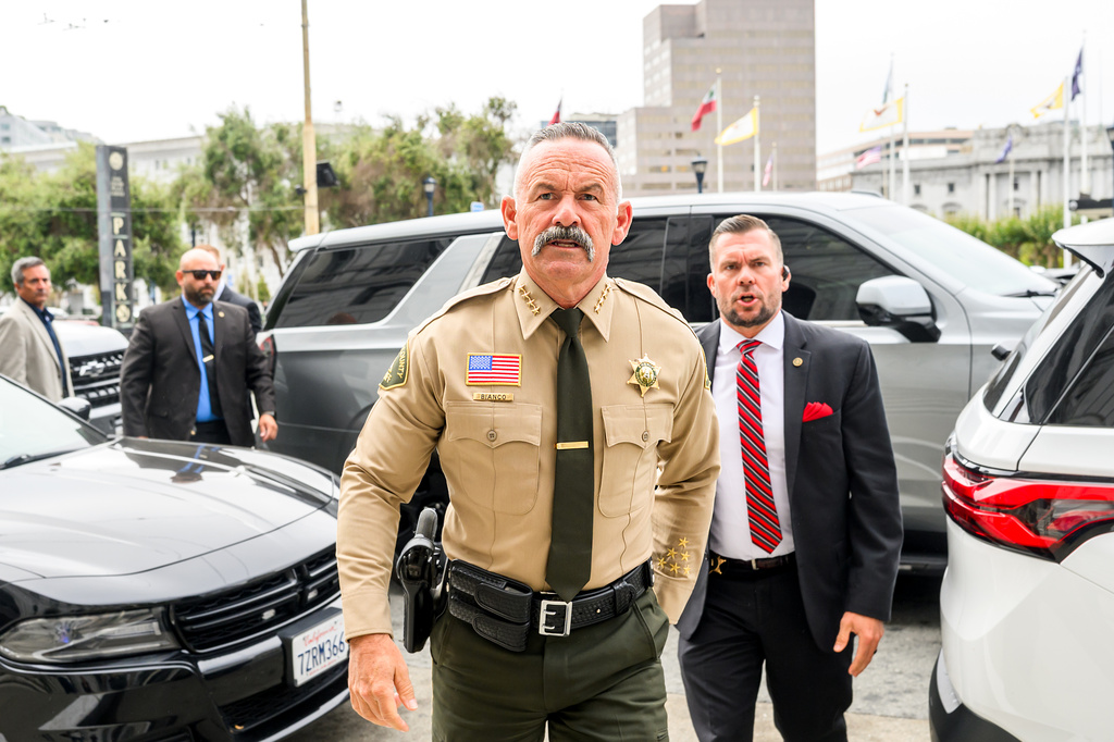 FILE - Riverside County Sheriff Chad Bianco arrives at the Supreme Court of California for a hearing about his seizure and recount of more than half a million 2025 election ballots on Aug. 24, 2026, in San Francisco. (AP Photo/Noah Berger, File)