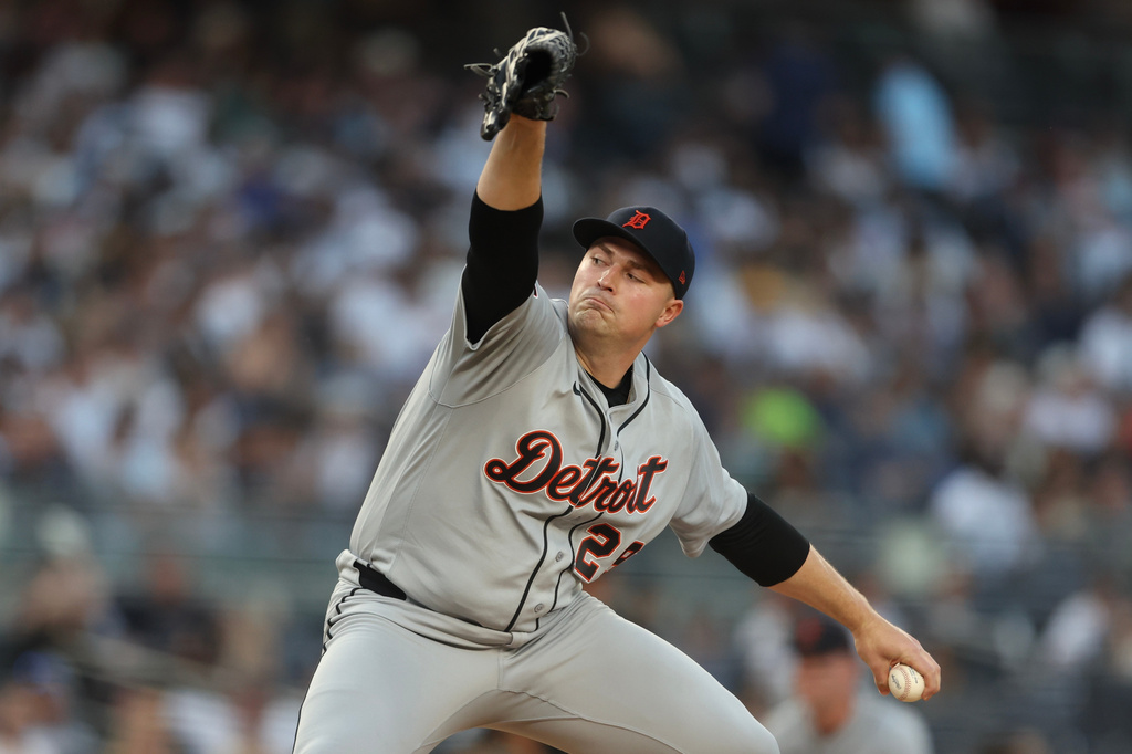 Detroit Tigers' Tarik Skubal (29) throws during the third inning of a baseball game against the New York Yankees, Tuesday, June 30, 2026, in New York. (AP Photo/Heather Khalifa)
