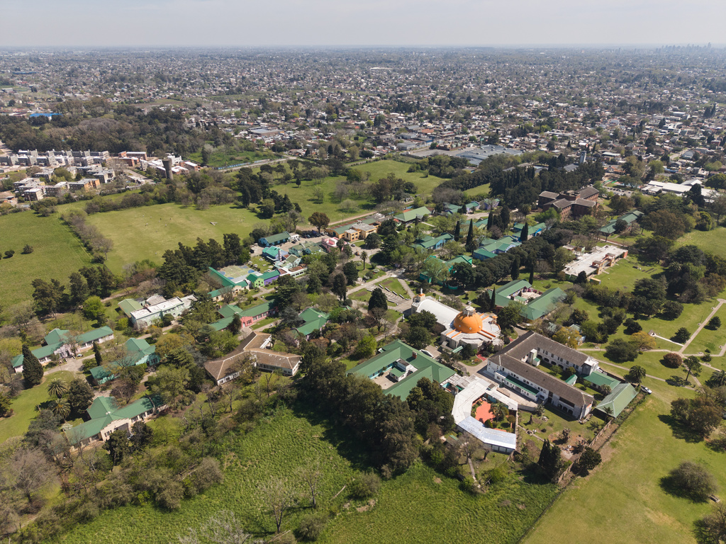 An aerial view of the Pequeño Cottolengo Don Orione, a home for people with disabilities that will be visited by Pope Leo XIV in November, in Buenos Aires, Argentina, Thursday, Sept. 24, 2026. (AP Photo/Rodrigo Abd)