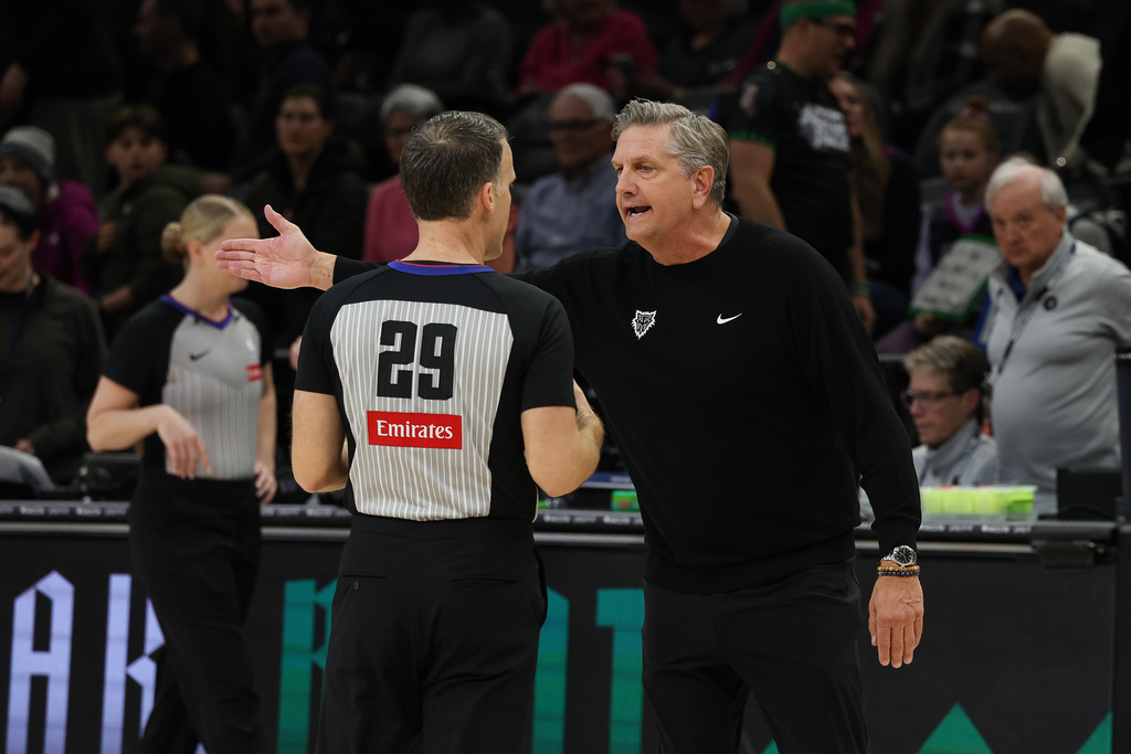 Minnesota Timberwolves head coach Chris Finch reacts after a play during the first half of an NBA basketball game against the Philadelphia 76ers, Sunday, Feb. 22, 2026, in Minneapolis. (AP Photo/Stacy Bengs)