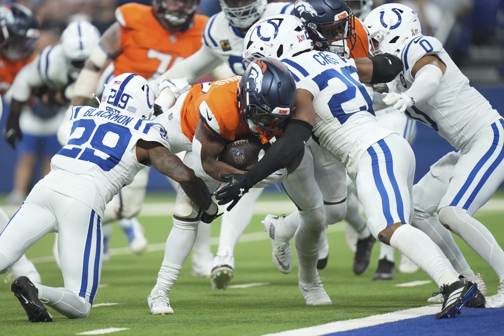 Denver Broncos running back J.K. Dobbins, middle, goes in for a touchdown against Indianapolis Colts cornerback Mekhi Blackmon (29) and safety Nick Cross (20) during the second half an NFL football game, Sunday, Sept. 14, 2025, in Indianapolis. (AP Photo/AJ Mast)