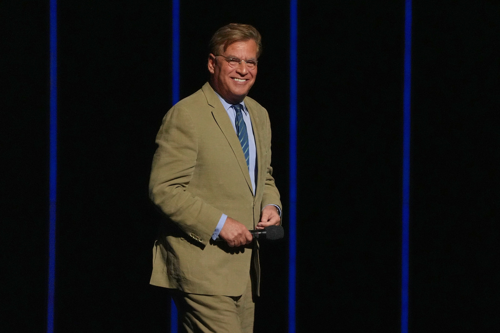 Aaron Sorkin, writer/director of the upcoming film "The Social Reckoning," appears during opening night and the Sony Pictures Entertainment presentation at CinemaCon on Monday, April 14, 2026, at Caesars Palace in Las Vegas. (AP Photo/Chris Pizzello)