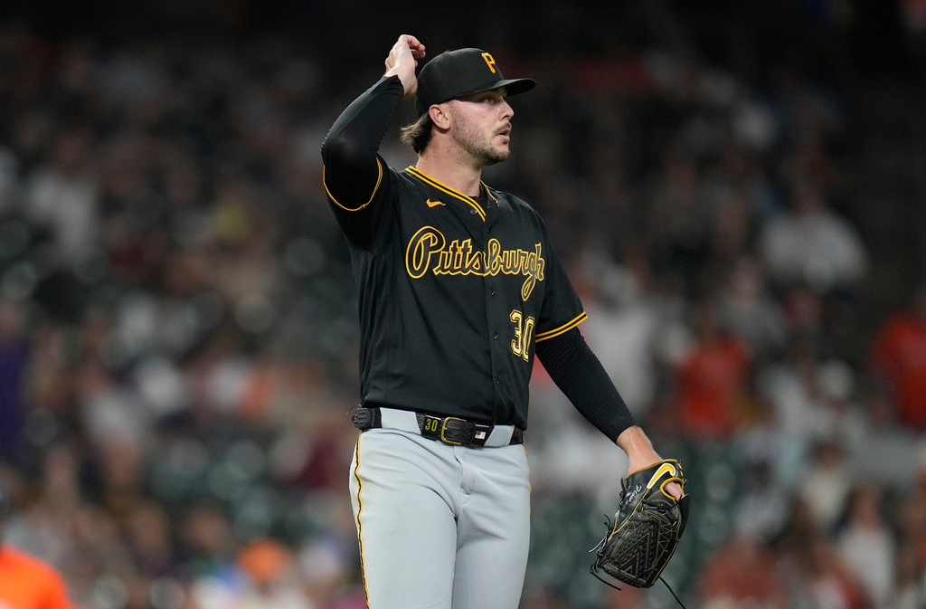 Pittsburgh Pirates pitcher Paul Skenes reacts after Houston Astros' Cam Smith's RBI single during the fifth inning of a baseball game against the Pittsburgh Pirates, Wednesday, June 3, 2026, in Houston. (AP Photo/Karen Warren)