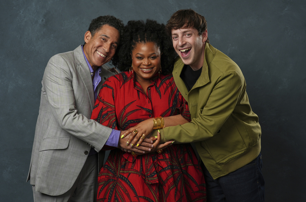 Oscar Nunez, from left, Gbemisola Ikumelo and Alex Edelman pose for a portrait to promote "The Paper" on Tuesday, Aug. 26, 2025, in West Hollywood, Calif. (AP Photo/Chris Pizzello)