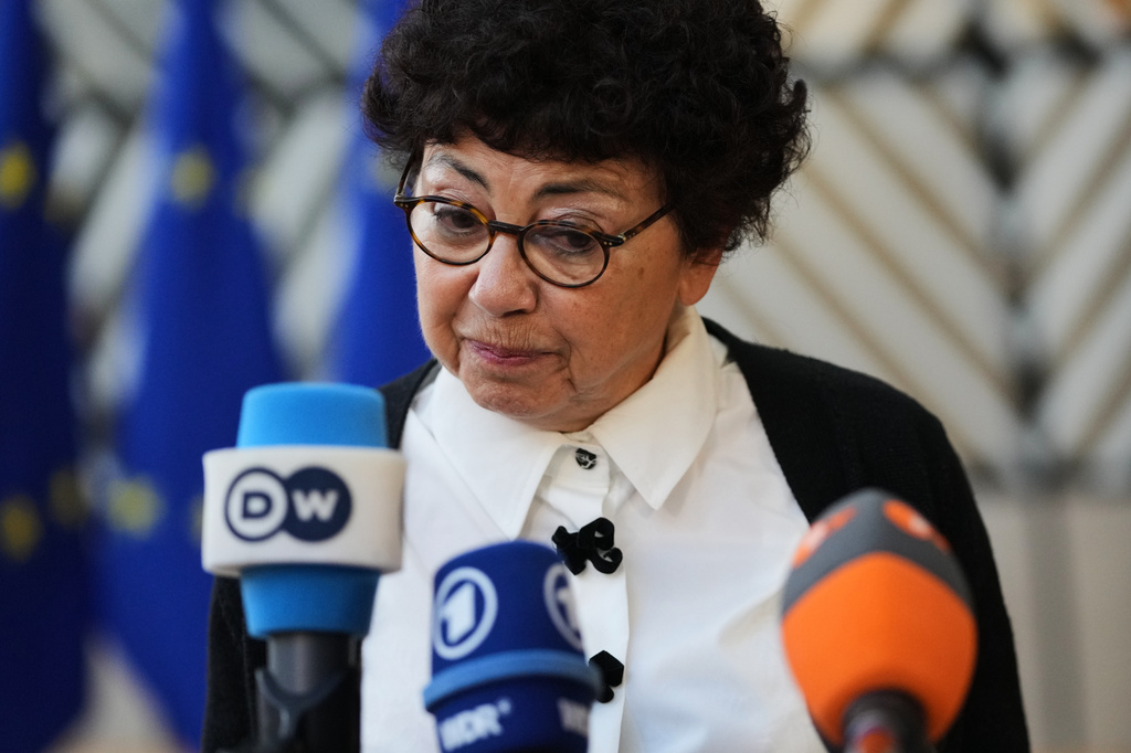 FILE - France's Minister of Ecological Transition Monique Barbut speaks with the media as she arrives for a meeting of EU Environment ministers at the European Council building in Brussels, Belgium, on Nov. 4, 2025. (AP Photo/Virginia Mayo, file)