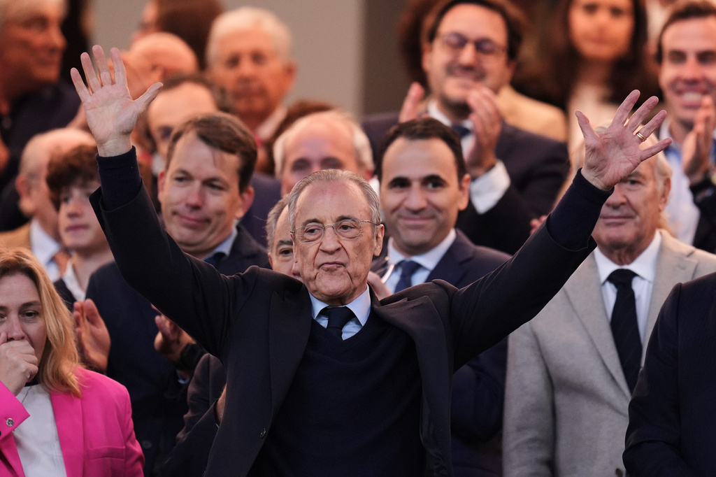 Real Madrid president Florentino Perez greets fans prior to the Spanish La Liga soccer match between Real Madrid and Real Oviedo in Madrid, Spain, Thursday, May 14, 2026. (AP Photo/Manu Fernandez)