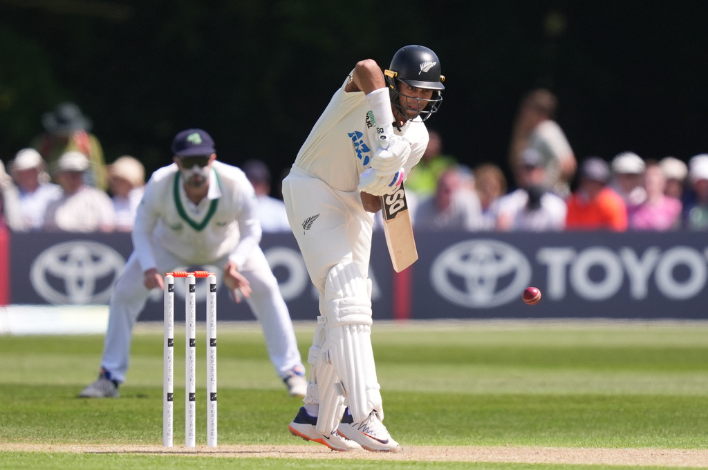 New Zealand's Rachin Ravindra in action on day one of the International Test Match between Ireland and New Zealand, in Belfast, Ireland, Wednesday May 27, 2026. (Niall Carson/PA via AP)