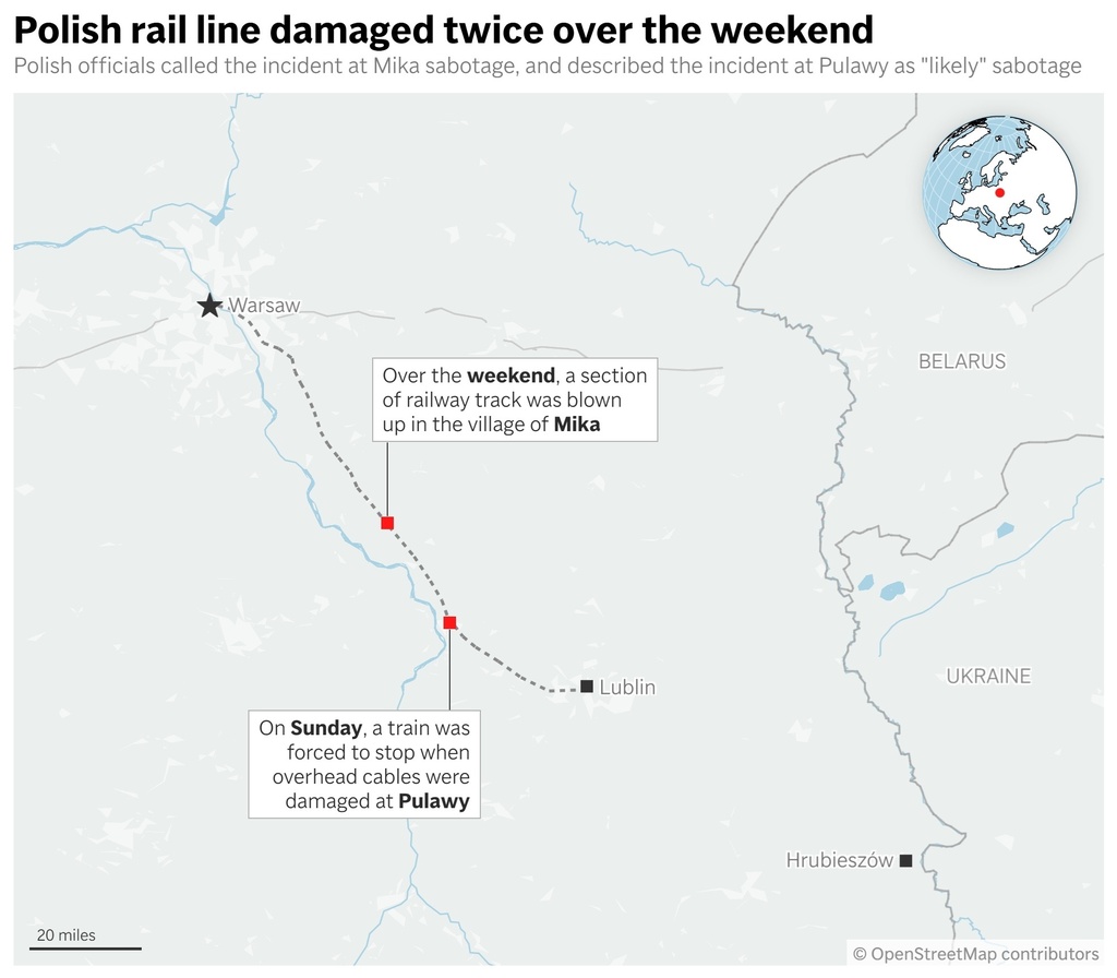 Shows the location of multiple incidents of suspected sabotage on a Polish railway line. (AP Digital Embed)