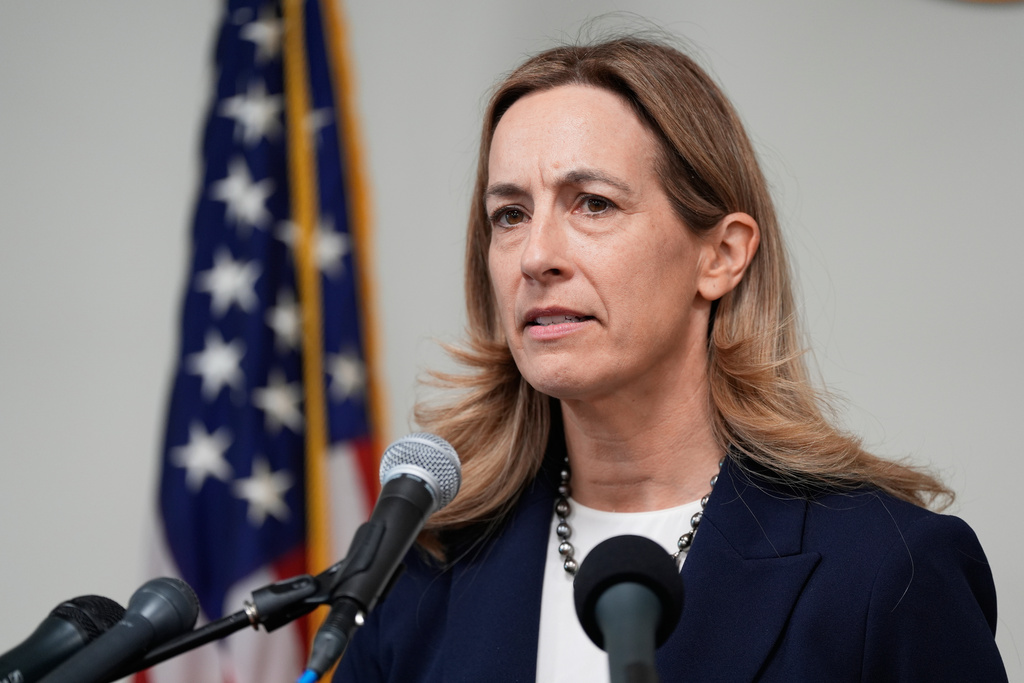 FILE - New Jersey Governor-elect Mikie Sherrill talks to reporters during a news conference, in Trenton, N.J., Nov. 5, 2025. (AP Photo/Seth Wenig, File)