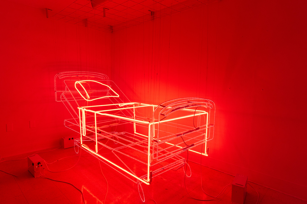 An Installation by artist David Otis Johnson is displayed during the "Hospital of Emotions" exhibition inside a former hospital building in Los Angeles, Wednesday, July 22, 2026. (AP Photo/Jae C. Hong)
