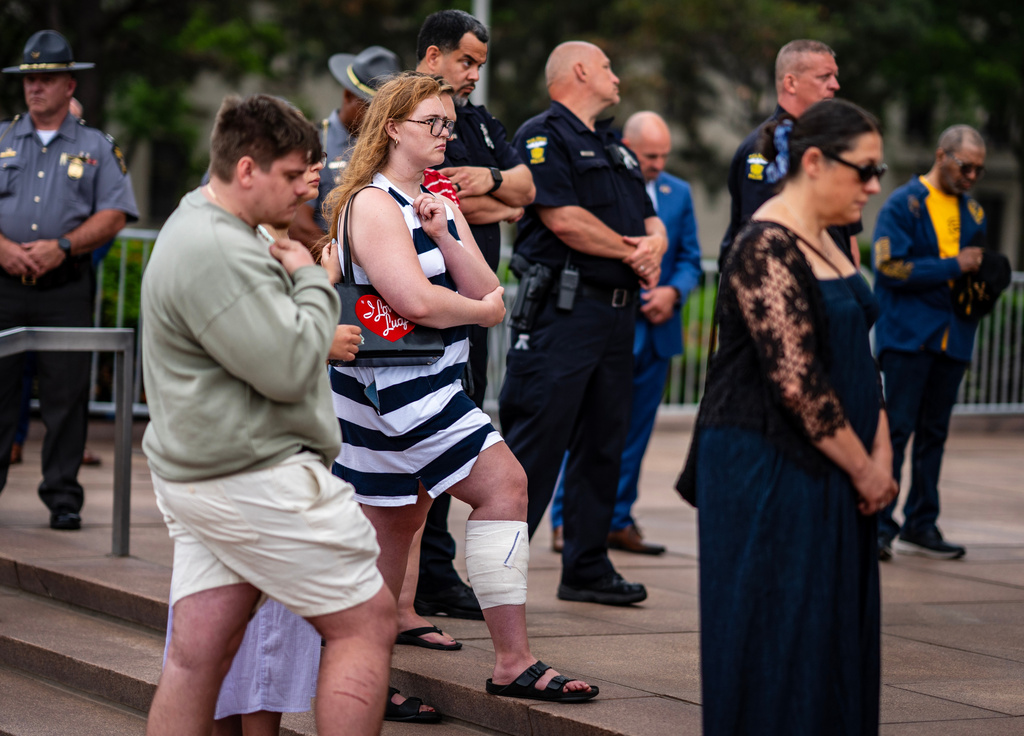 People listen during a news conference regarding the shooting Tuesday, June 9, 2026, at One Government Center in Toledo, Ohio. (Jeremy Wadsworth /The Blade via AP)